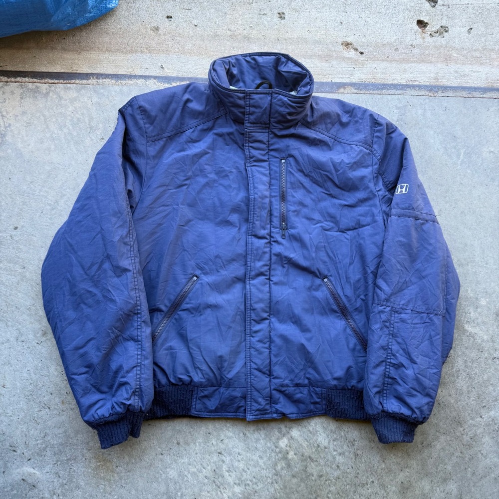 Vintage Honda HM-01M Navy Blue Bomber Jacket Mens XL Embroidered Logo Zip Up 80s